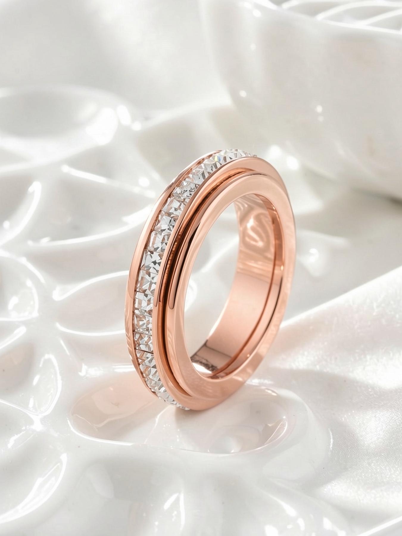 3-piece 18K anti-anxiety ring, fortune-turning rotating stress-relieving ring inlaid with zirconia to relieve anxiety # Jewelry/Stainless Steel/Fade-resistant/Allergy-proof/Couples/Festivals/Parties/Ideal Gift