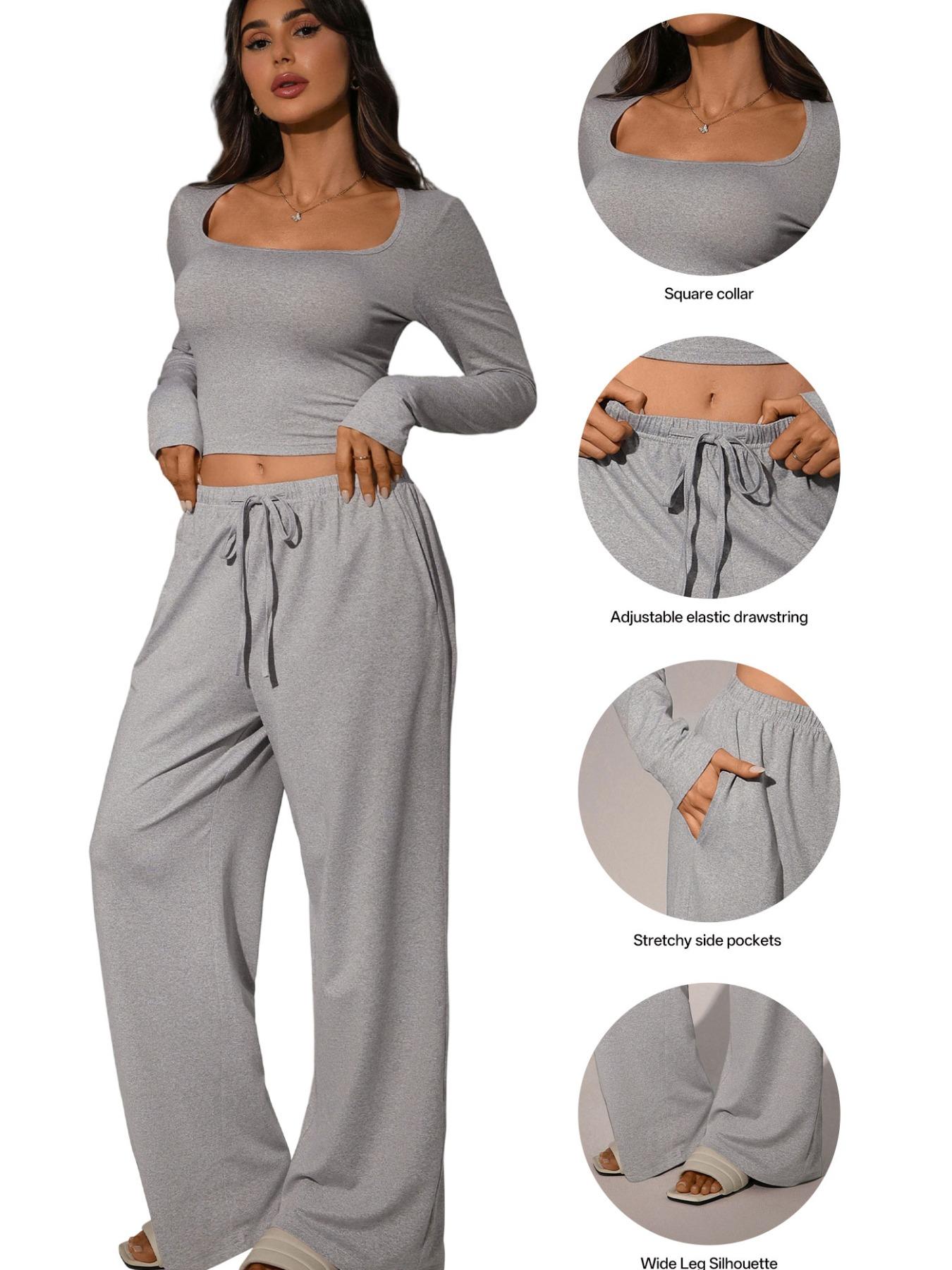 2026 Women's 2 Piece Matching Lounge Set, Square Neck Long Sleeve Crop Top, High Waisted Wide Leg Drawstring Pants, Casual Sweatsuit