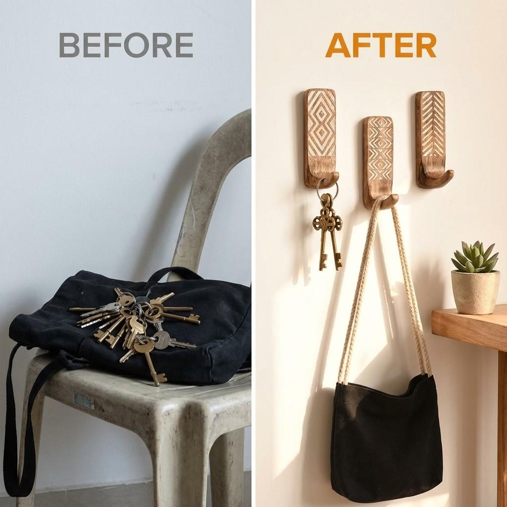 Boho Hand Carved Wooden Wall Hooks, 3 Pack Rustic Geometric Pattern, Wall Mounted Hooks for Coats, Bags, Towels, Keys