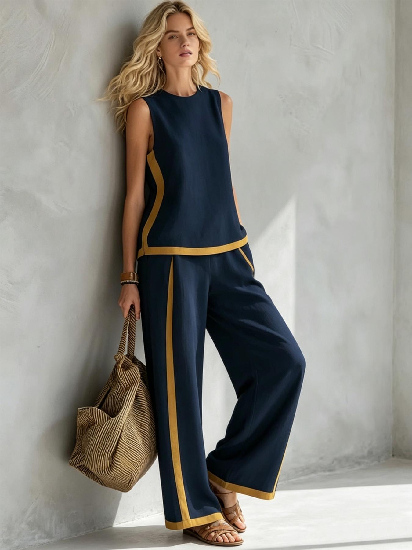 Women's Casual Loose color blocked sleeveless wide leg two-piece set, Colorblock casual set, with breathable surface suitable for commuting, daily wear. Multiple colors available