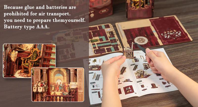 CUTEBEE Library of Wisdom DIY Miniature Book Nook with LED Lights Handmade Creative Toy Christmas & Black Friday Gift for Teens & Adults Home Shelf Decoration Dust Cover Model Boat Kit Miniature Set Building Blocks Set