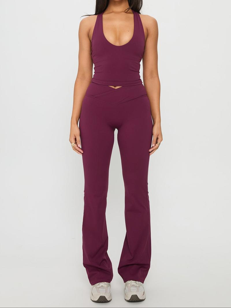 Pure Color Casual Sporty Slim Fit Crop Top and Bell Pants Set, High Waist Sleeveless H-Type, Athleisure Wear Set, Fall Fashion Two-Piece Set