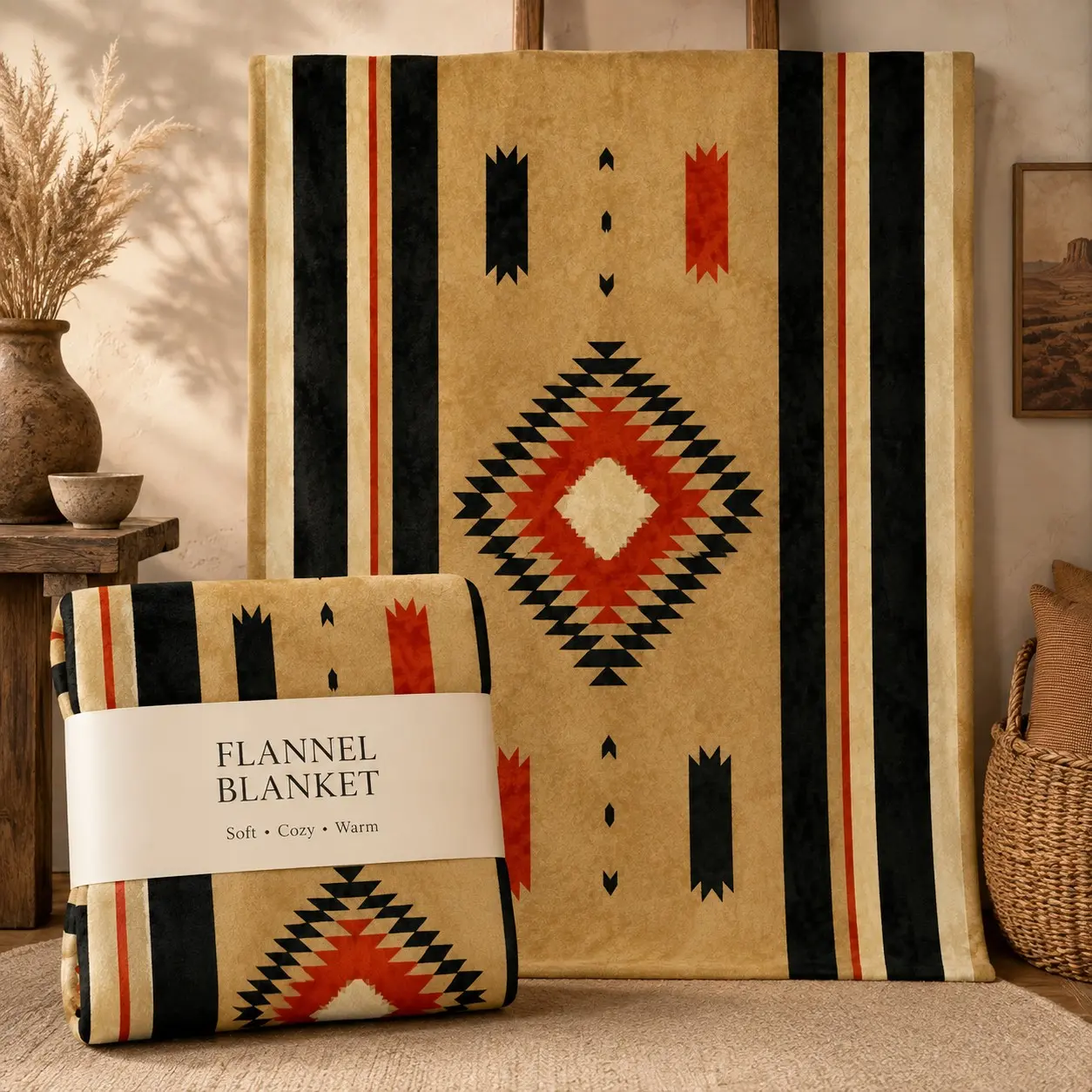 1Pc Native American Navajo Geometric Stripe Sherpa Flannel Throw Blanket, Western Southwest Ethnic Style, Retro Tribal Diamond Triangle Pattern, Double-layer Soft Plush Fabric, Anti-pilling Warm Washable, Bedroom Sofa Nap & Home Decor Gift