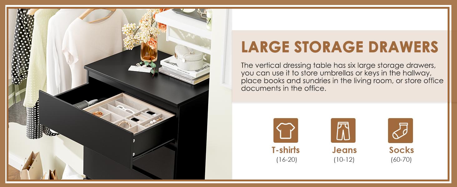 White Dresser, 6 Drawer Dresser, Modern Tall Floor Storage Cabinet with Metal Sliding Rail, Wooden Handleless Drawer Cabinet, 6-Layer Large Capacity Vertical Dressers for Home & Office