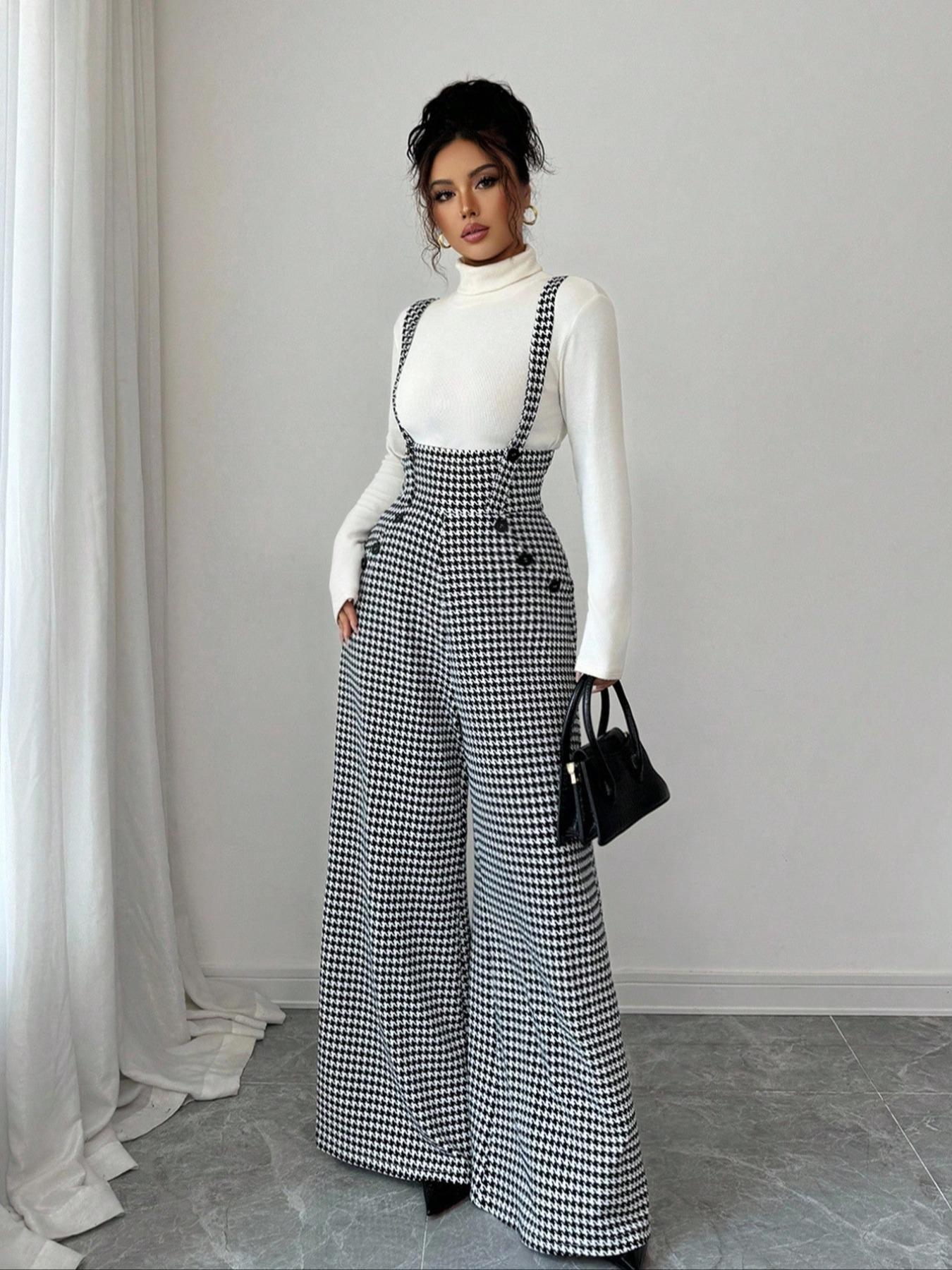 Women's Knitted Plaid Print Houndstooth Wide Leg Pants, Front Pocket Button Design, Fashionable Elegant Daily Commuter Overalls, Fall Winter
