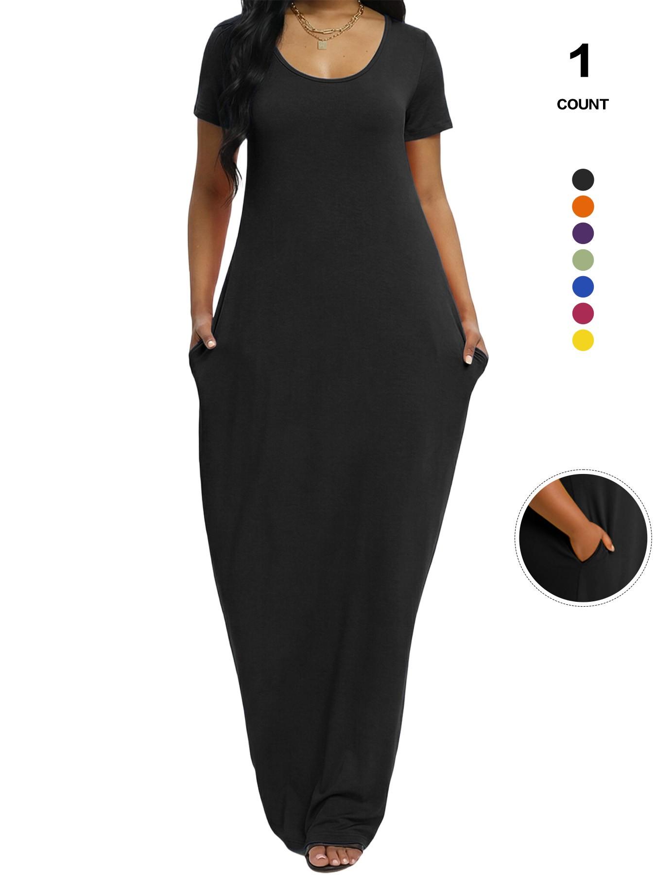 Plus Size Women's Solid Color Dress, Sexy Round Neck Short-Sleeved Long Dress, European and American Summer New Arrival, Casual Style