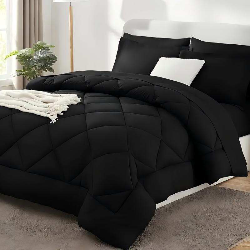 5/7pcs Luxurious Checkered Comforter, Soft Microfiber, Breathable, Easy Care for All Seasons, Bedding Set with Down Alternative Comforter, Sheets, Pillowcases & Shams, Queen And King Size