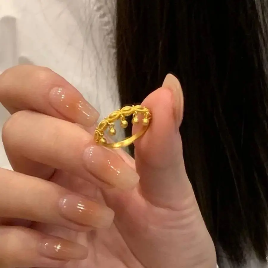 Stainless Steel Gold Color Beads Tassel Finger Rings for Women Size Adjustable Anillos Korean Style Jewelry Accessories Gifts