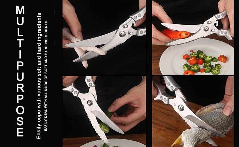 Professional Heavy Duty Poultry Shears, Full Steel Handle Multipurpose Kitchen Shears with Sheath, Spring-Loaded Stainless Steel Chef Scissors for Cutting Chicken, Bone, Meat, Fish & Food – Silver.