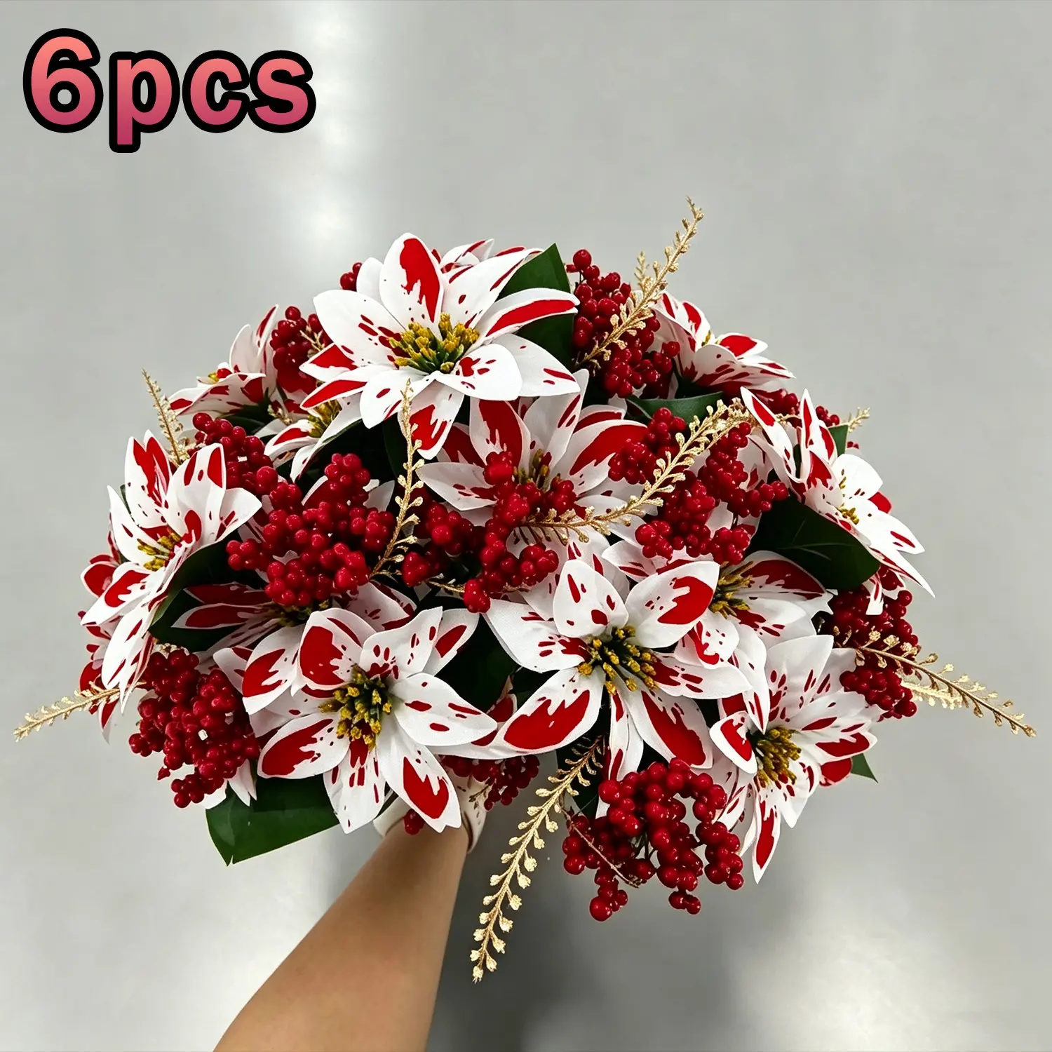 New Holiday Extra Large White Red Speckled Artificial Poinsettia Bouquet, Lifelike Faux Christmas Flowers with Plump Red Berries & Layered Green Leaves, Water & UV Resistant Floral Decor for Christmas Table Centerpiece, Mantel & Winter Farmhouse Decor
