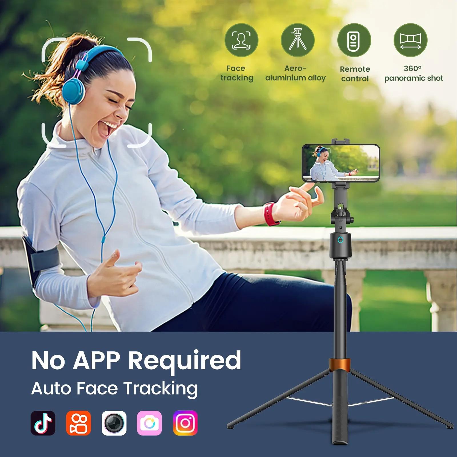 360° Rotatable Selfie Stick Tripod, Live Streaming Tripod with Remote Control, Rechargeable Smart Face Tracking Tripod, 2 LED Lights
