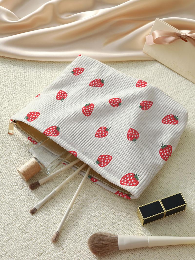 Strawberry Pattern Makeup Bag, Lightweight Multi-functional Travel Cosmetic Bag, Zipper Makeup Organizer Pouch, Versatile Storage Bag, Handheld Cosmetic Pouch