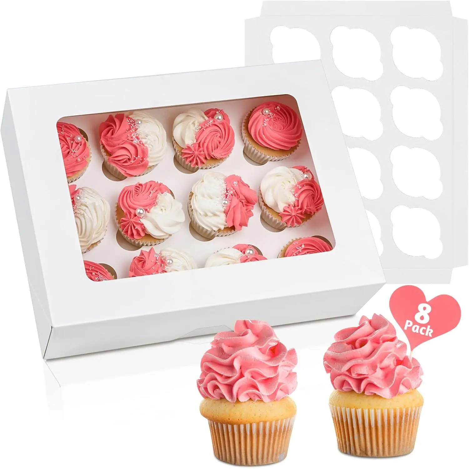 12 Count Cupcake Boxes, 8 Pack, White