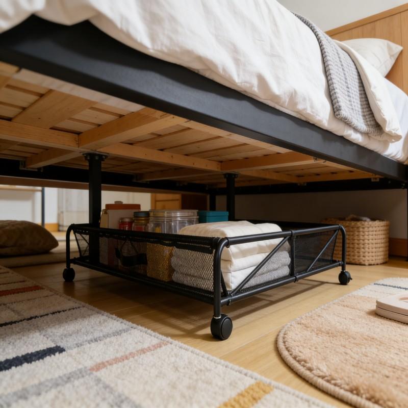 Simple shoe rack, simple shoe rack, under-bed shelf, multi-functional iron bedroom organizing and storage box, storage mesh bag with pulley shoes, room and bedroom storage, organized and tidy, clean and hygienic multi-functional storage, suitable for more