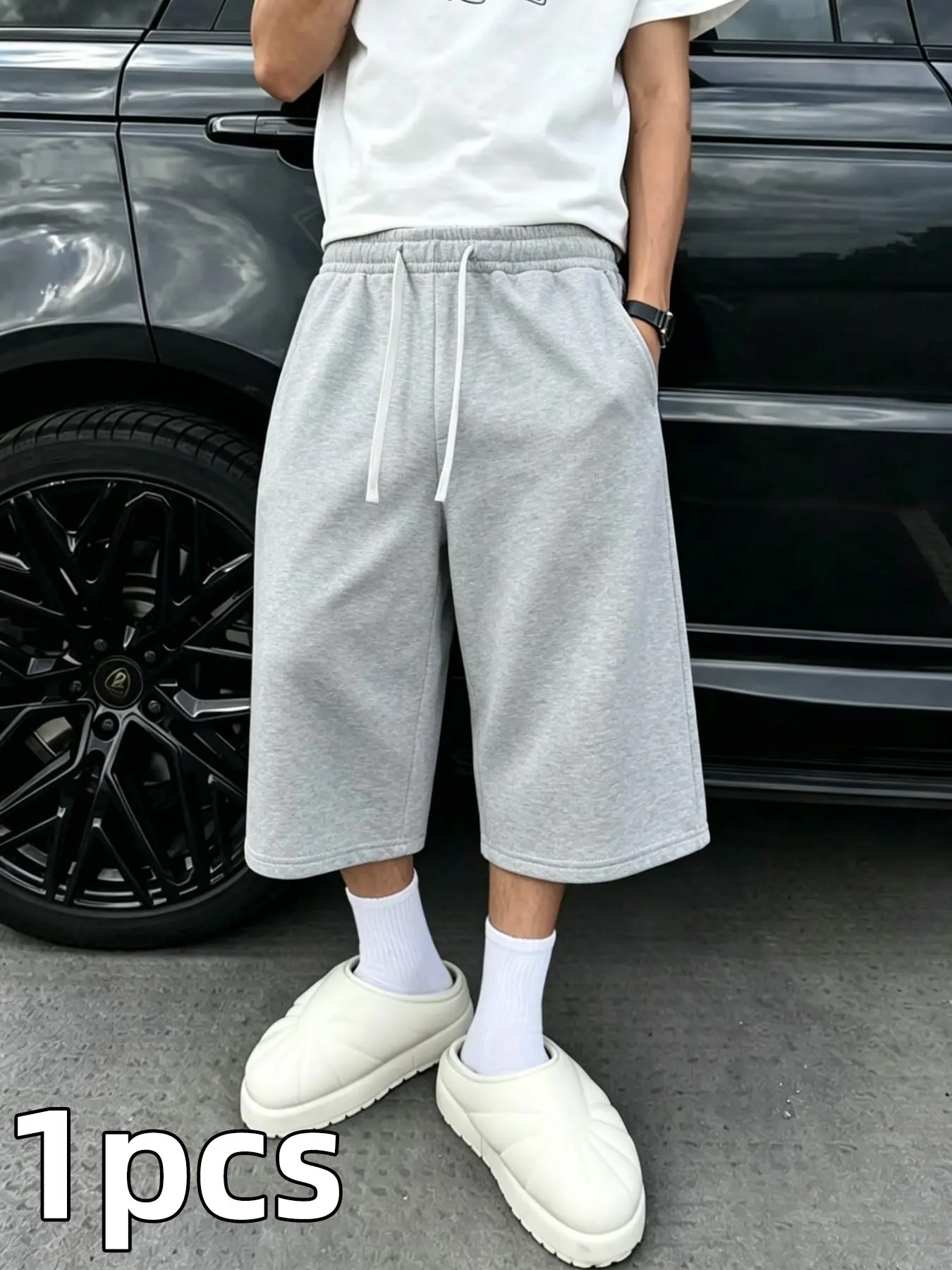 Men's Casual Drawstring Capri Pants, Loose-Fitting H-Type Solid Color, Mid Waist Three-Quarter Pants for Streetwear and Commute, Cropped