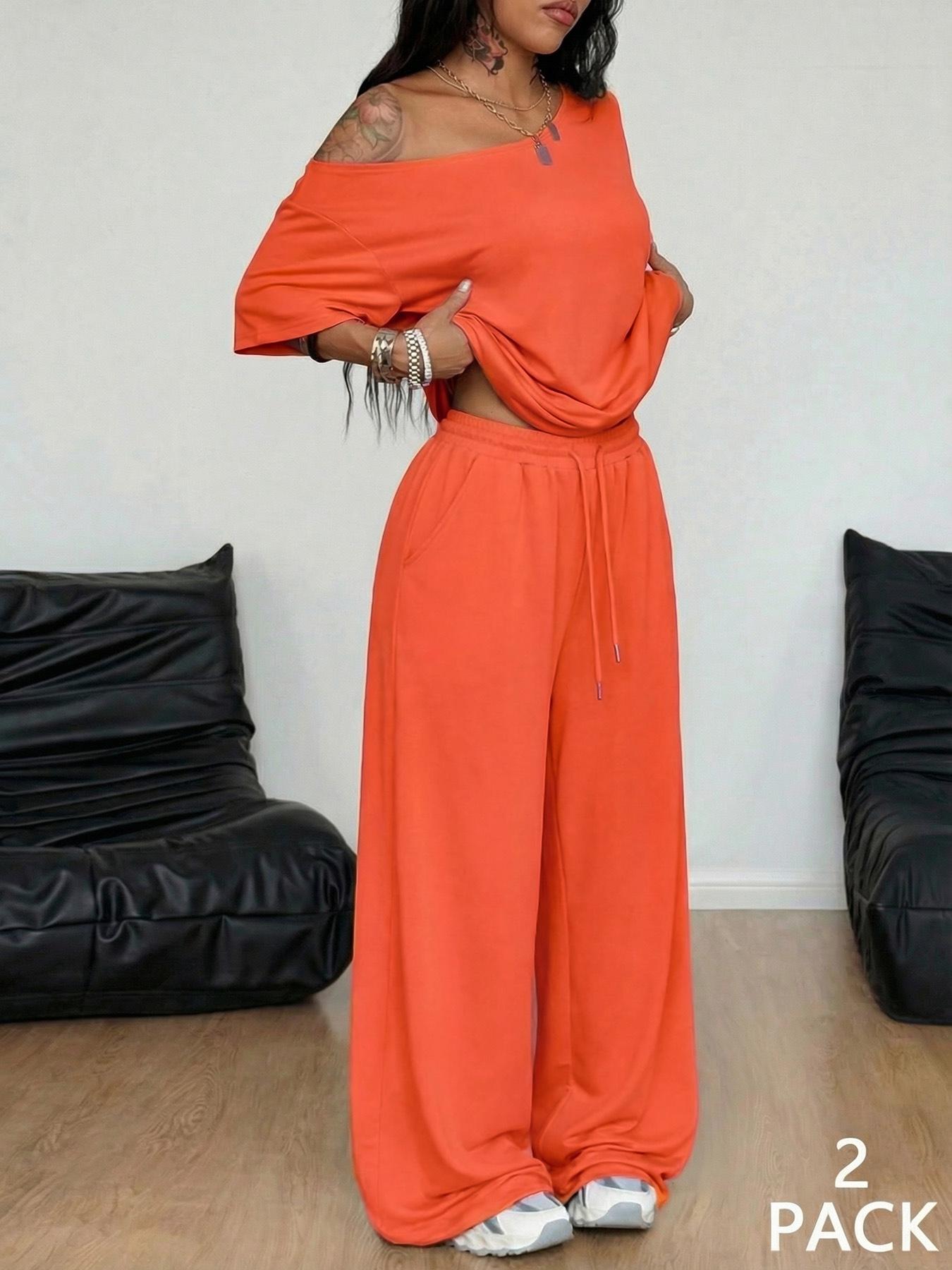 2pcs/Set Women's Minimalist Basic Daily Wear Casual Going Out Sport Comfortable Off Shoulder T-Shirt And Wide Leg Pants Two Pieces Outfits 2pcs/Set Women's Minimalist Basic Daily Wear Casual Going Out Sport Comfortable Off Shoulder T-Shirt And Wide Leg Pants Two Pieces Outfits
