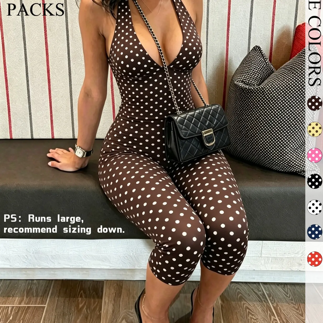 2-Pack Women's Polka Dot Halter Neck Top & Capri Pants Set, Slim Fit Casual Everyday Set Summer Outfits, Trendy Boho Chic Bohemian Streetwear for Daily Wear & Vacation