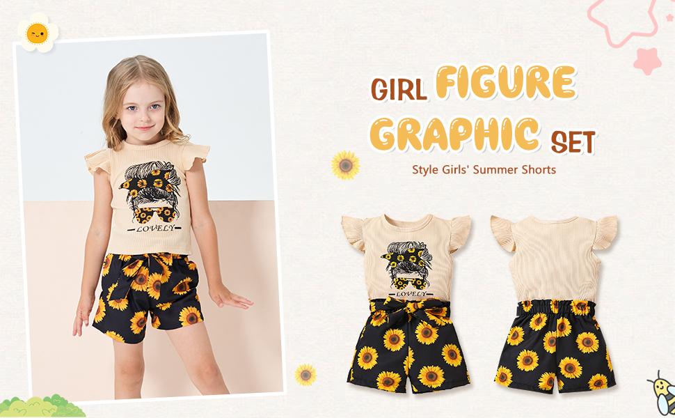 Toddler Girl Summer 2-Piece Outfit Set, Ruffle Sleeve Graphic Top & Shorts