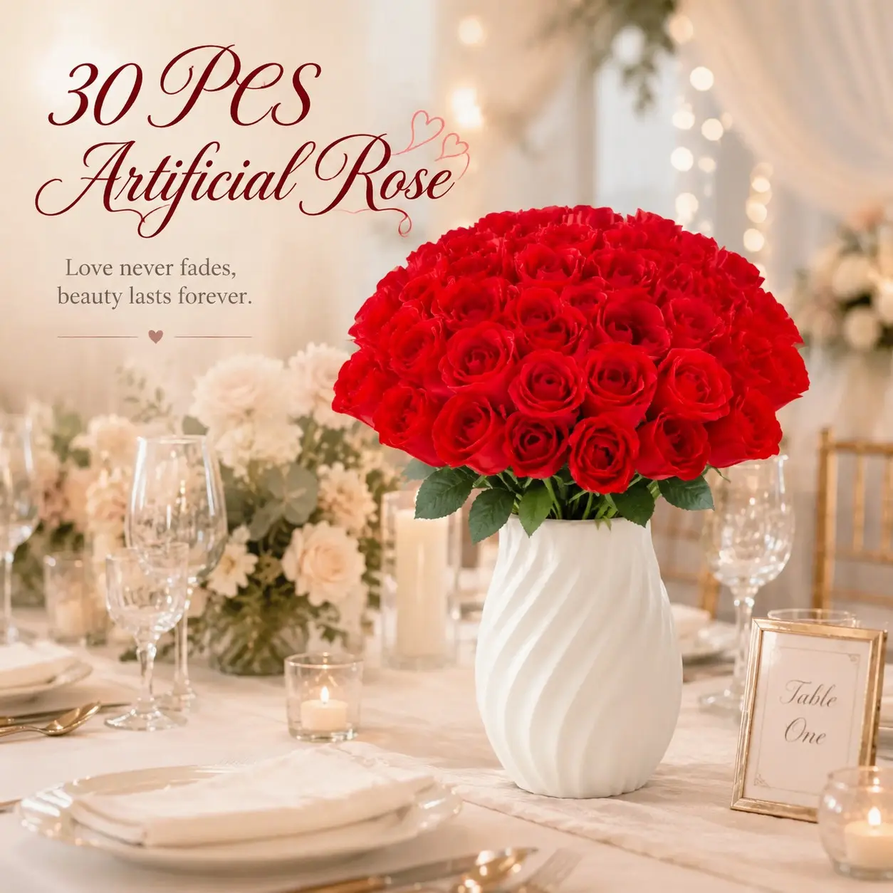 30 Stems Man-made Artificial Red Roses, Classic Style Home Decor Roses for Wedding, Valentine's Day, Mother's Day, Father's Day, Bridal Bouquet