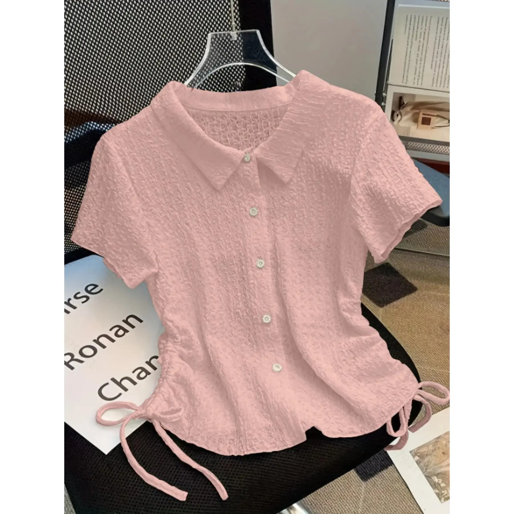 Fashion Knit Basic Casual Short Adjustable Elastic Drawstring Button Blouse Shirt, Comfortable and Stylish Top, Perfect Daily Wear, Versatile and Trendy Clothing Option, Tie Up Shirts