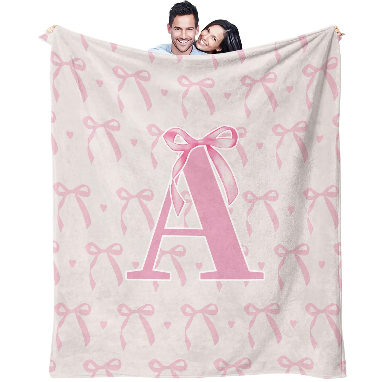 Pink Bow Custom Initial Throw Blanket, Sweet Girl Style Heart Print, Soft Warm Cozy Skin-friendly, Ideal for Bedroom Living Room Sofa Dorm Decor