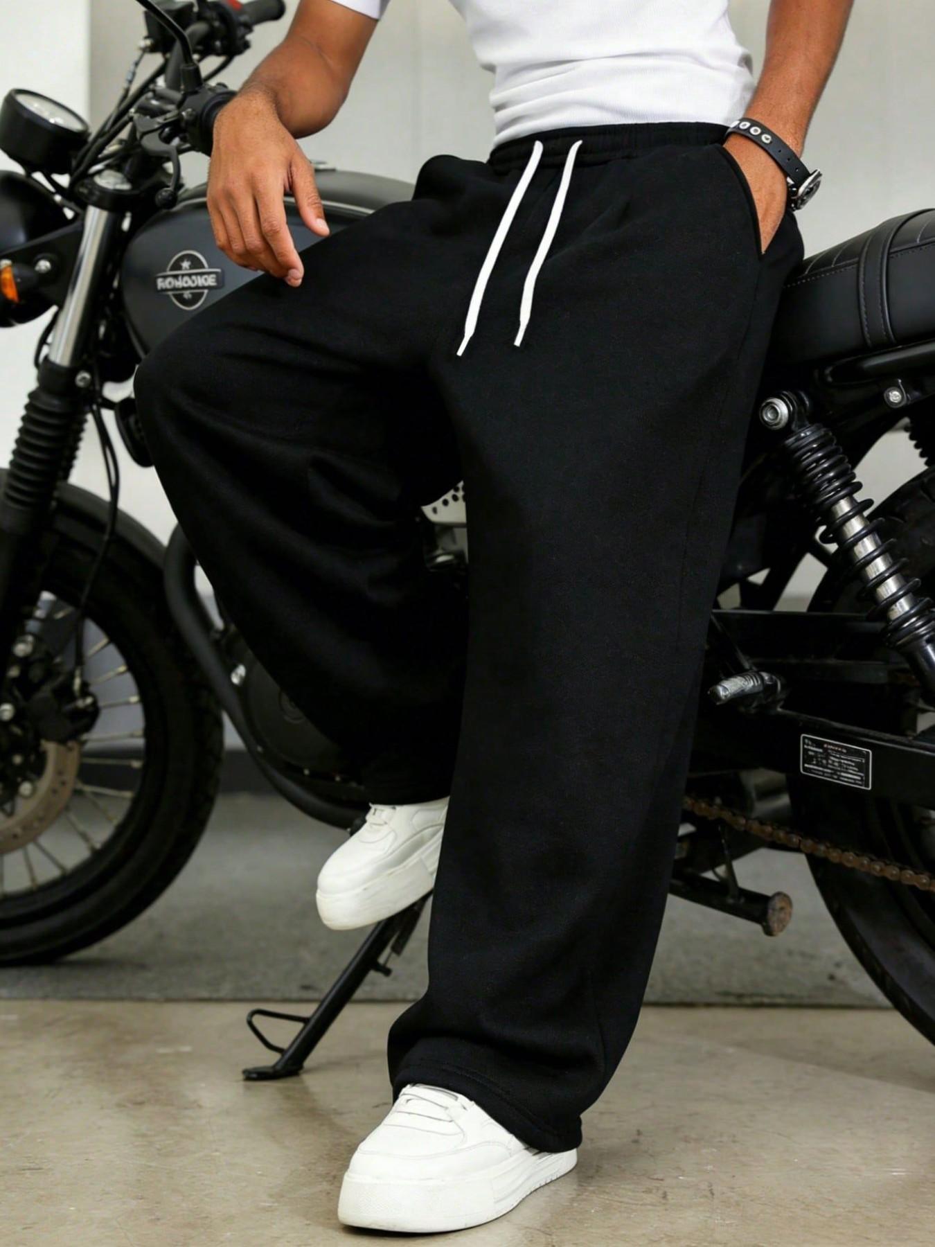 Men's Warm Fleece Wide Leg Sweatpants, Elastic Waist, Loose Fit, Casual Street Style, Athleisure Menswear, Fall & Winter, Ankle Length, with Pockets