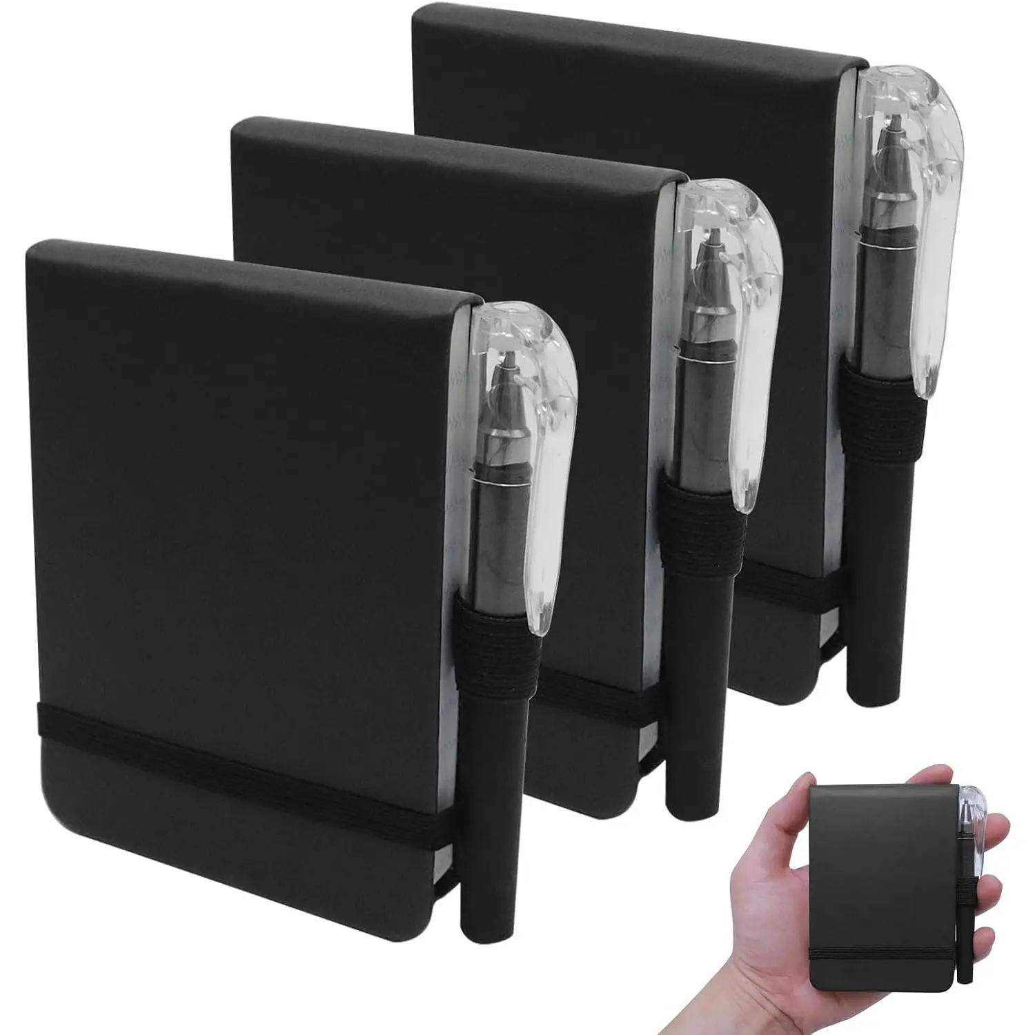 Mini Notebook with Pen, Pocket Size A7 PU Leather Hardcover Small Note Pads, -Off Sheets  Notepad with Elastic Band for , Office, School, Reporter & Travel Journaling, Black, Pack of 3