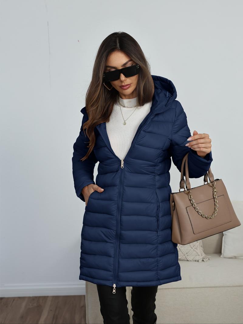 Women's Winter Hooded Jacket, Large Size, Double-Sided Pocket Cotton Coat, Casual Fitted Long Sleeve, Fall & Winter Commuter Wear