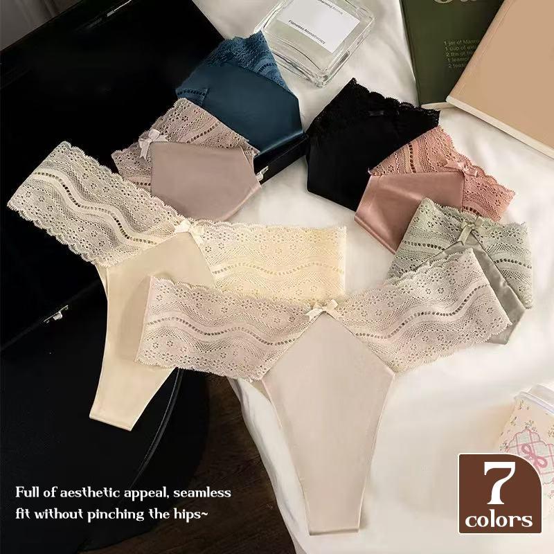 Ladies Lace Thong - 7 Pack Low Rise Thong - Lace Panties Pure Cotton Ladies Lingerie Sexy No Show Soft Invisible Seamless Bikini Panties