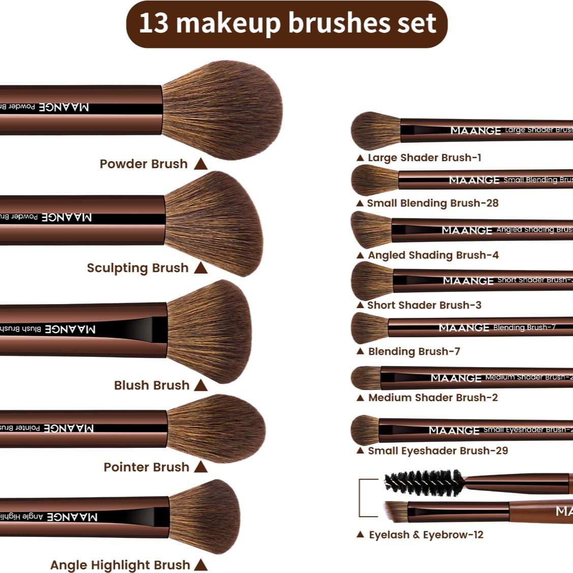 Maange 14-Piece Makeup Tool Set, Includes 13 Brushes + Brush Case, Foundation Brush, Blush Brush, Loose Powder Brush, Eyeshadow Brush, Mascara Brush, Highlighter Brush