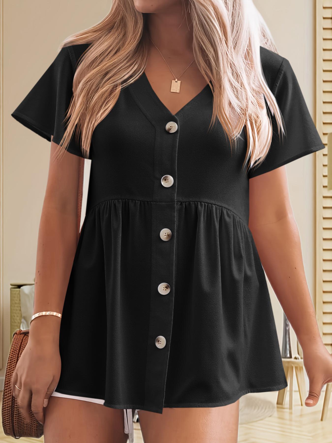 Imily Bela Womens Short Sleeve V Neck Blouse Button Down Shirt Loose Casual Ruffle Hem Babydoll Peplum Tops