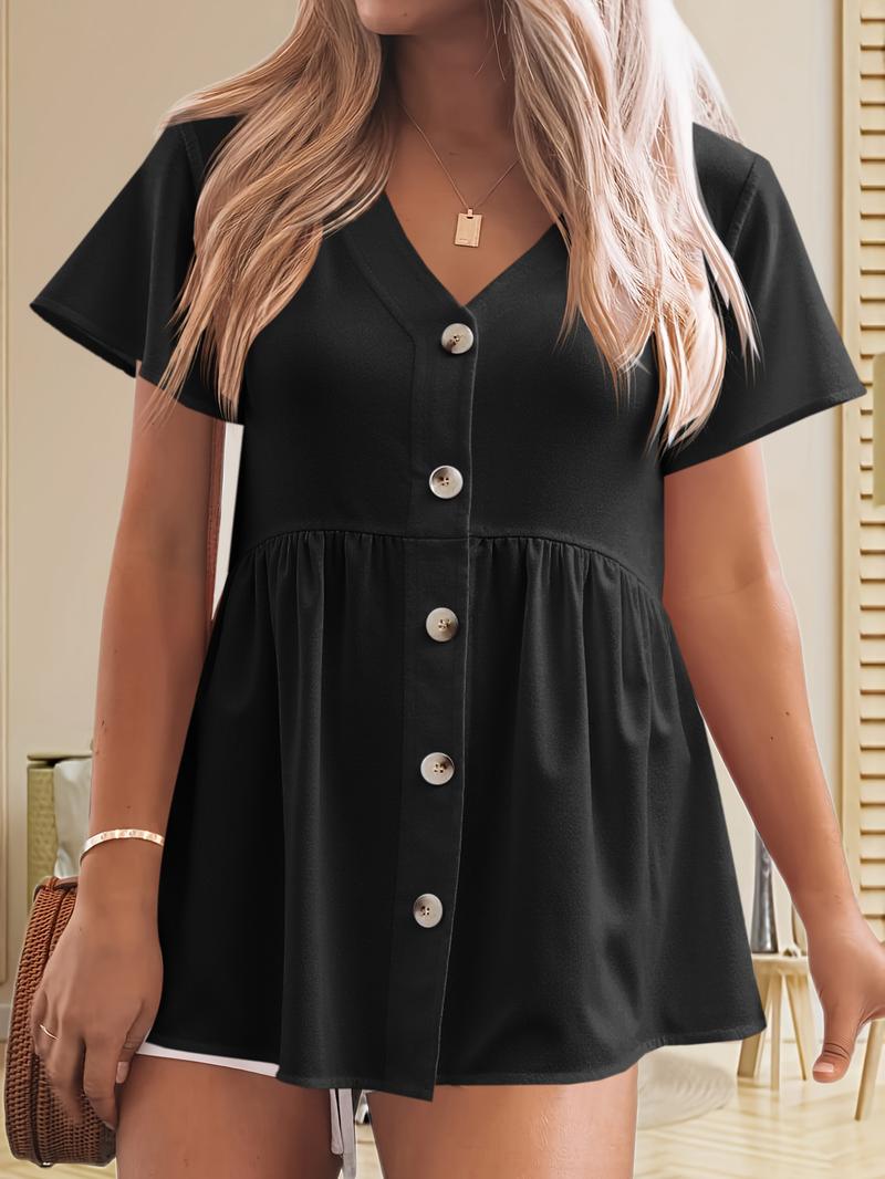 Imily Bela Womens Short Sleeve V Neck Blouse Button Down Shirt Loose Casual Ruffle Hem Babydoll Peplum Tops