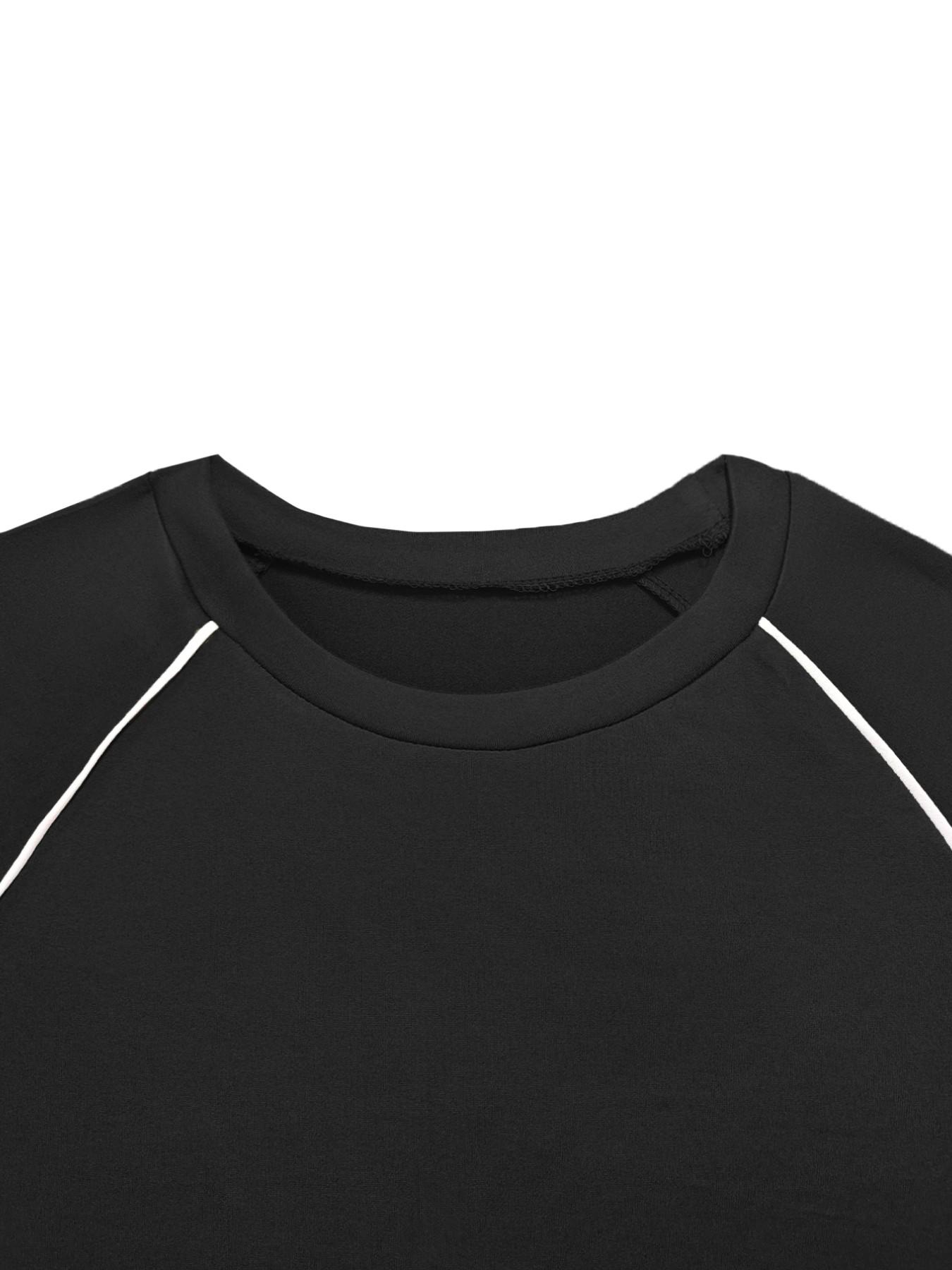 Women's Summer Round Neck Short Sleeve Fitted Pants Set Outfit, Classic Solid Color Casual Wear Lightweight, Striped Sleeve Design for Relaxed Style Womenswear