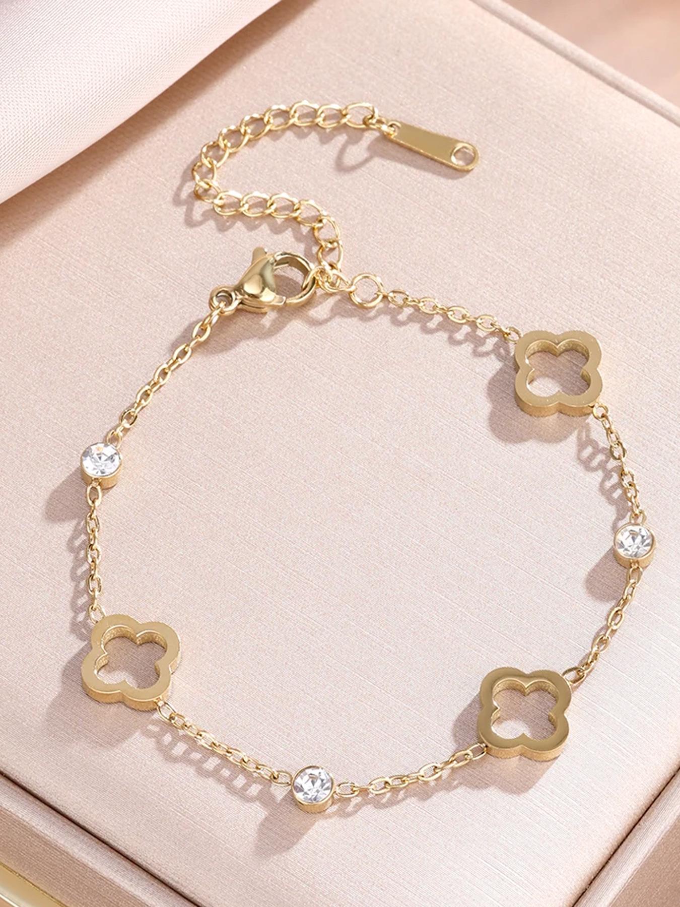 Fashion Hollow Out Lucky Clover Stainless Steel Zircon Bracelet, Simple Daily Versatile Women's Hand Chain, Elegant Ladies' Accessory, Elegant Jewelry Bracelet