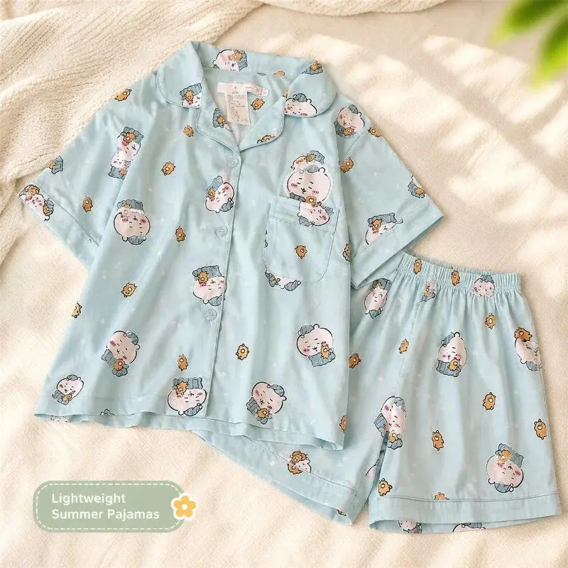 Kawaii Chiikawa Pajama Set Short Sleeve Shorts Summer Thin Loose Soft Breathable Women Sleepwear Loungewear Homewear Gift 2026