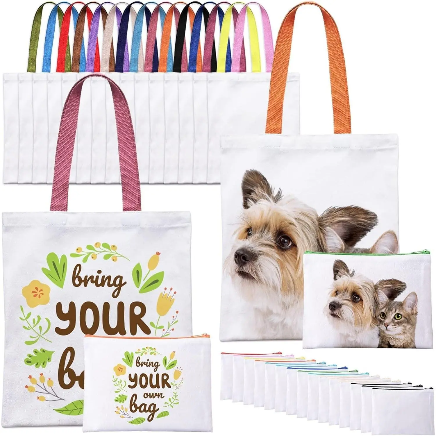 30 Pcs Sublimation Blanks Tote Bags, 15 Pcs Reusable Grocery Bags DIY Heat Transfer Canvas Bags & 15 Pcs Makeup Bags Shopping Totes with Customized Color for DIY, Advertising, Christmas Craft