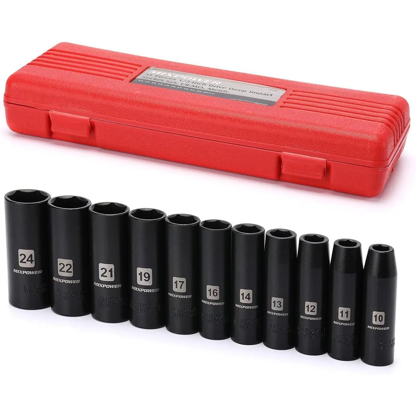 11-Piece 1/2-Inch Drive Deep Impact Socket Set, CR-V, Metric, 6 Point, Deep, 10-24mm 11-Piece 1/2-Inch Drive Deep Impact Socket Set, CR-V, Metric, 6 Point, Deep, 10-24mm