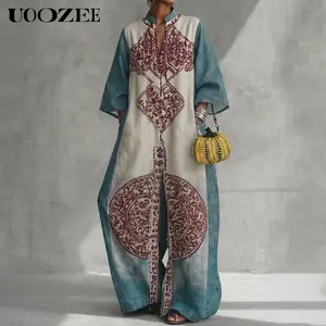 UOOZEE Women's Vintage Ethnic Print Patchwork Jumpsuit, Vacation Casual Oversized Polyester Loose Fit Back Zip Maxi Romper with Pockets, Size Down for Slim Look, Resort Wear Casual Long Pants Jumpsuit