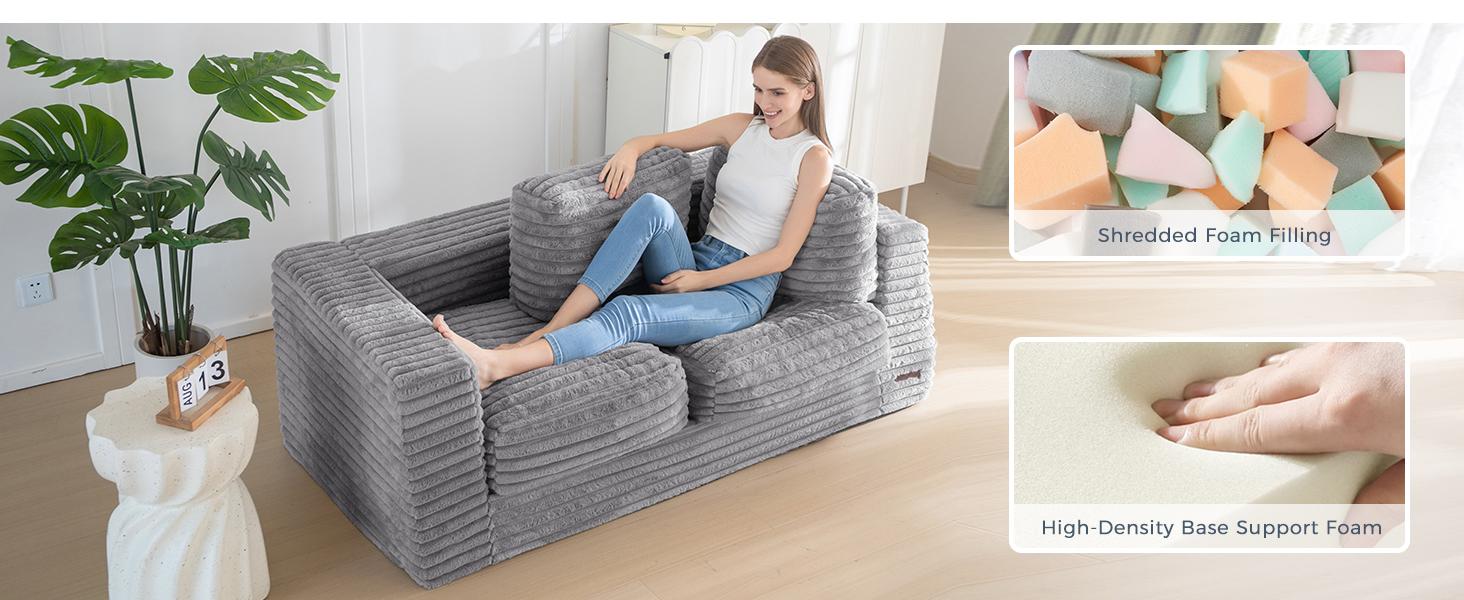 MAXYOYO Bean Bag Chair, Two-seat Bean Bag Sofa with Pillows and Armrests for Adults, Upholstered Loveseat Floor Sofa Couch Fluffy Chair Bean Bag Couch for Bedroom Living Room