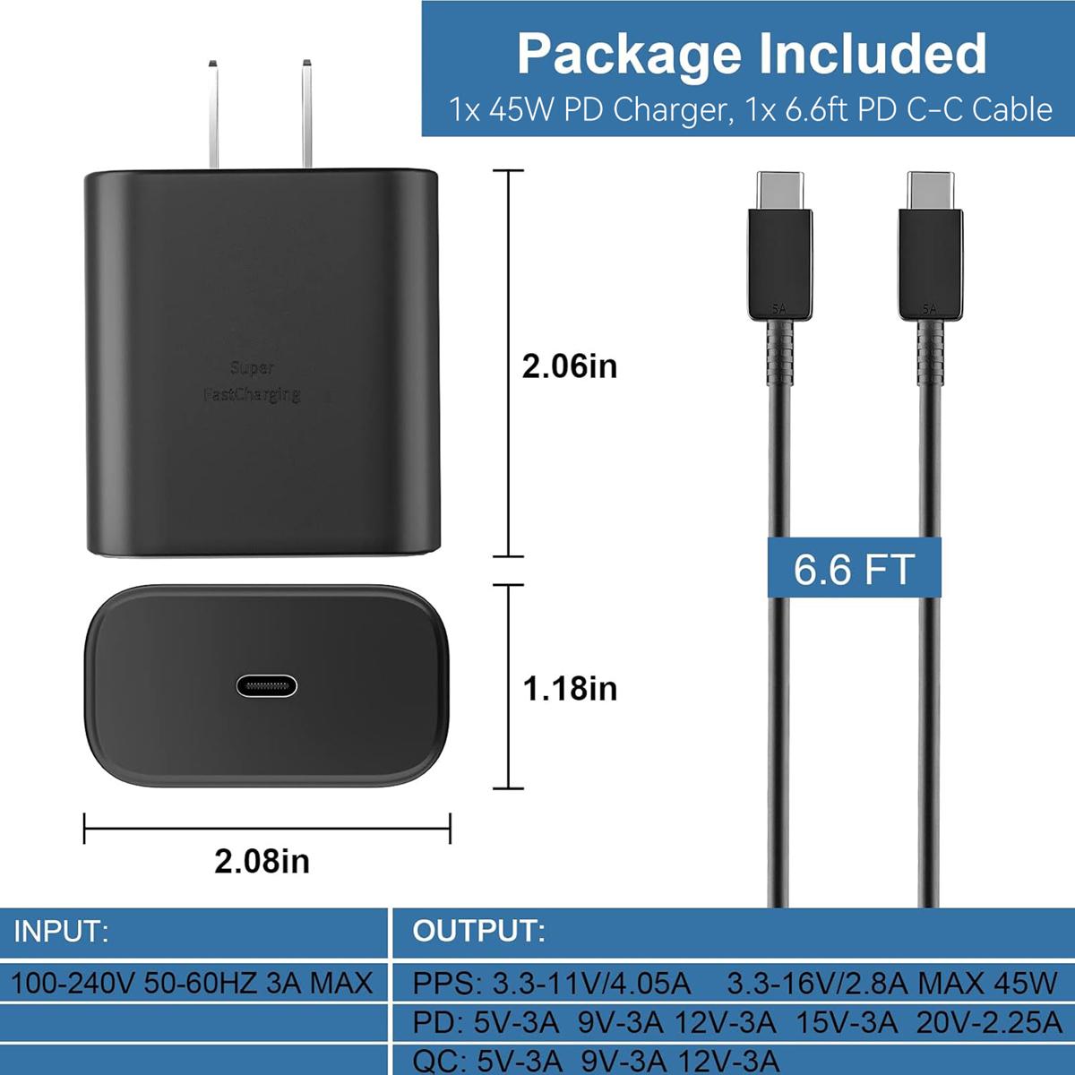 Keai 45W Super Fast Charger, USB C Power Adapter with 6.6FT Type-C Fast Charging Cable for Samsung Galaxy S25/S24/S23/S22/Note 20 Ultra, iPhone 17/16/15, Mobile Smartphone Accessories