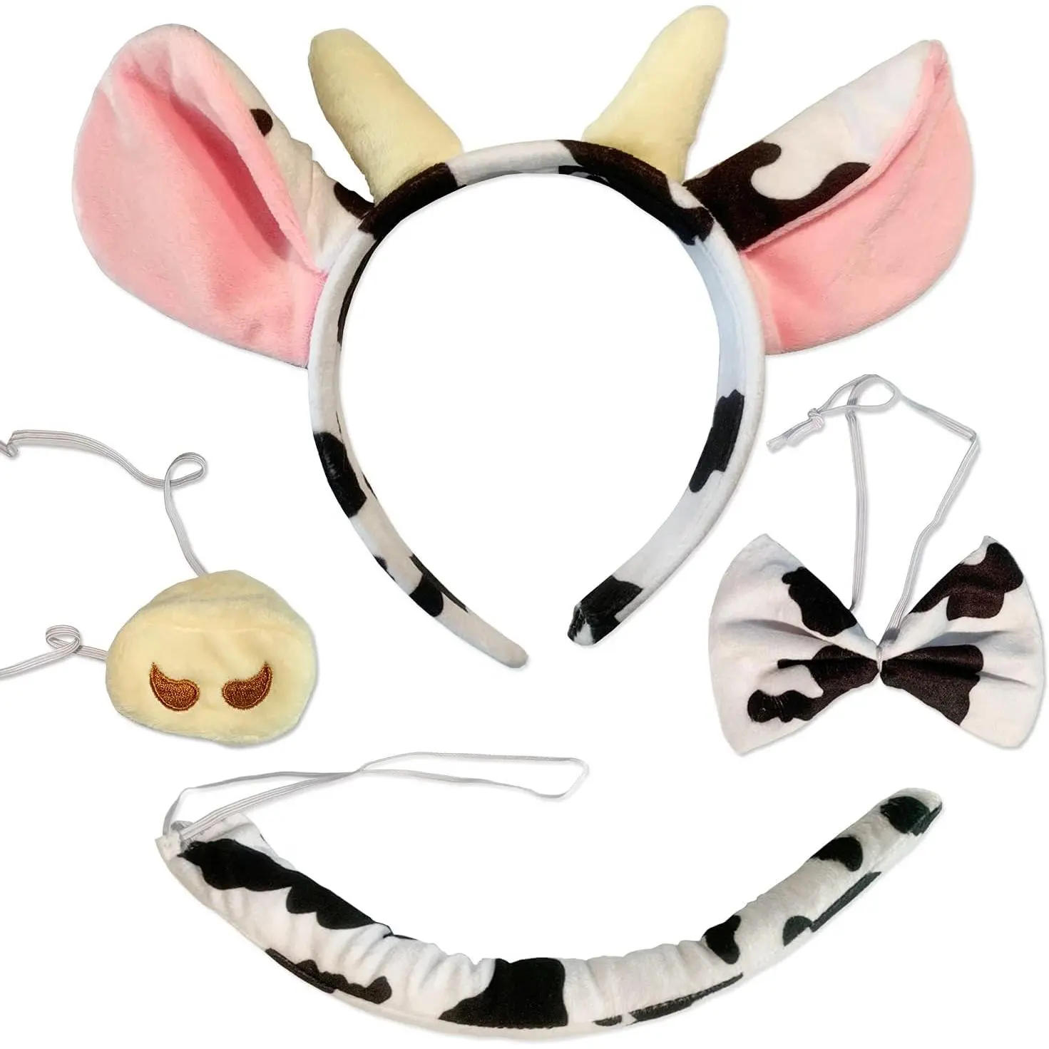 Role Playing Games Animal Cosplay Costume 4 Pieces Set Cow Ears Headband Nose Bowtie and Tail Party Halloween Dress Up Accessories