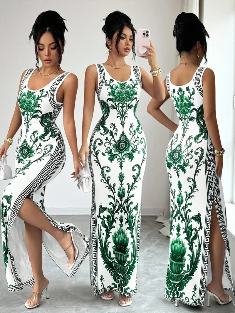 Elegant Printed Chinese Style Belted Split Hem Luxurious Chic Vintage Middle Eastern Uae Robe Gowns, New Arrival Maxi Print Dress Clothes