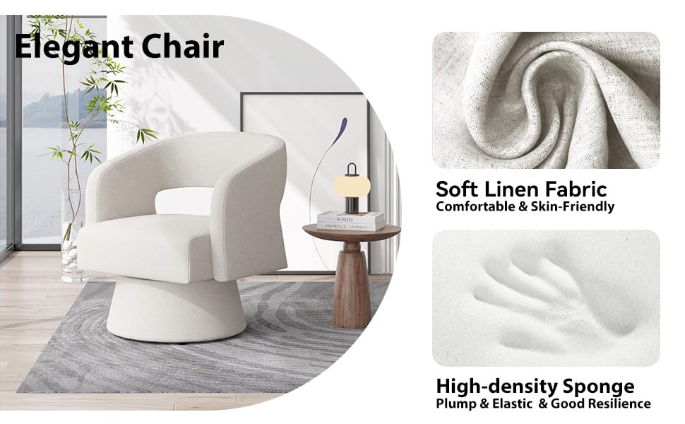 Swivel Barrel Accent Chair, Linen Fabric Upholstered Armchair with Wood Frame & Spring Support,Modern Comfy Lounge Sofa Chair with Round Back for Reading Living Room Bedroom,Beige Ergonomic