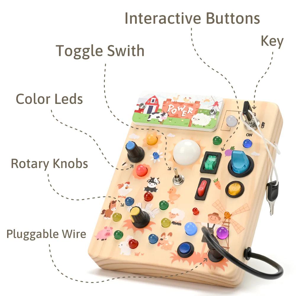 Joyreal Montessori Sensory Toys, Square-Shaped Wooden Busy Board with LED Light Up Switches,  Portable Learning Kids Toys,Christmas Gifts Ideas