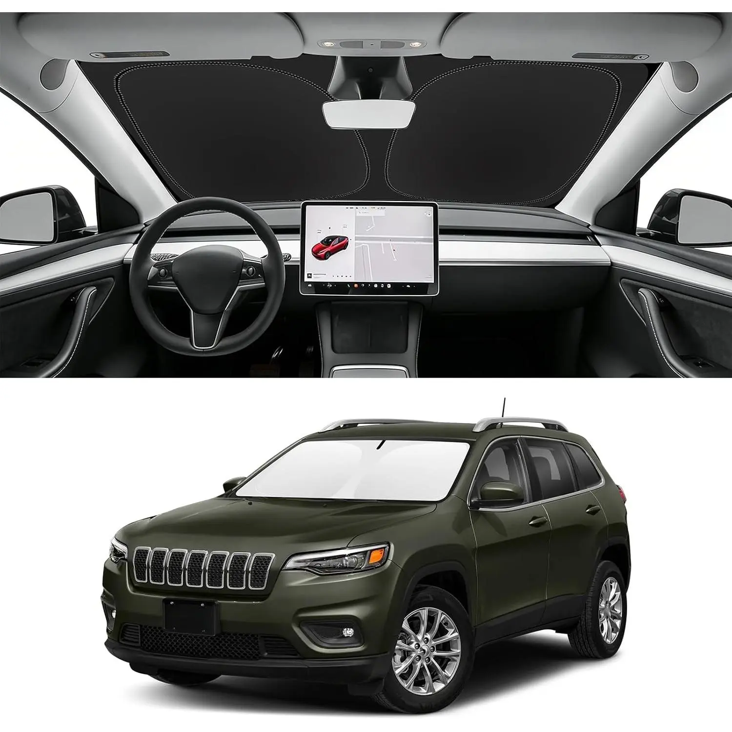 Custom Fit Windshield Sun Shade for Jeep Cherokee 2014-2023, Blocks UV & Heat, Front Window Sunshade Accessories, Easy Fold & Store Keep Your Car Cooler