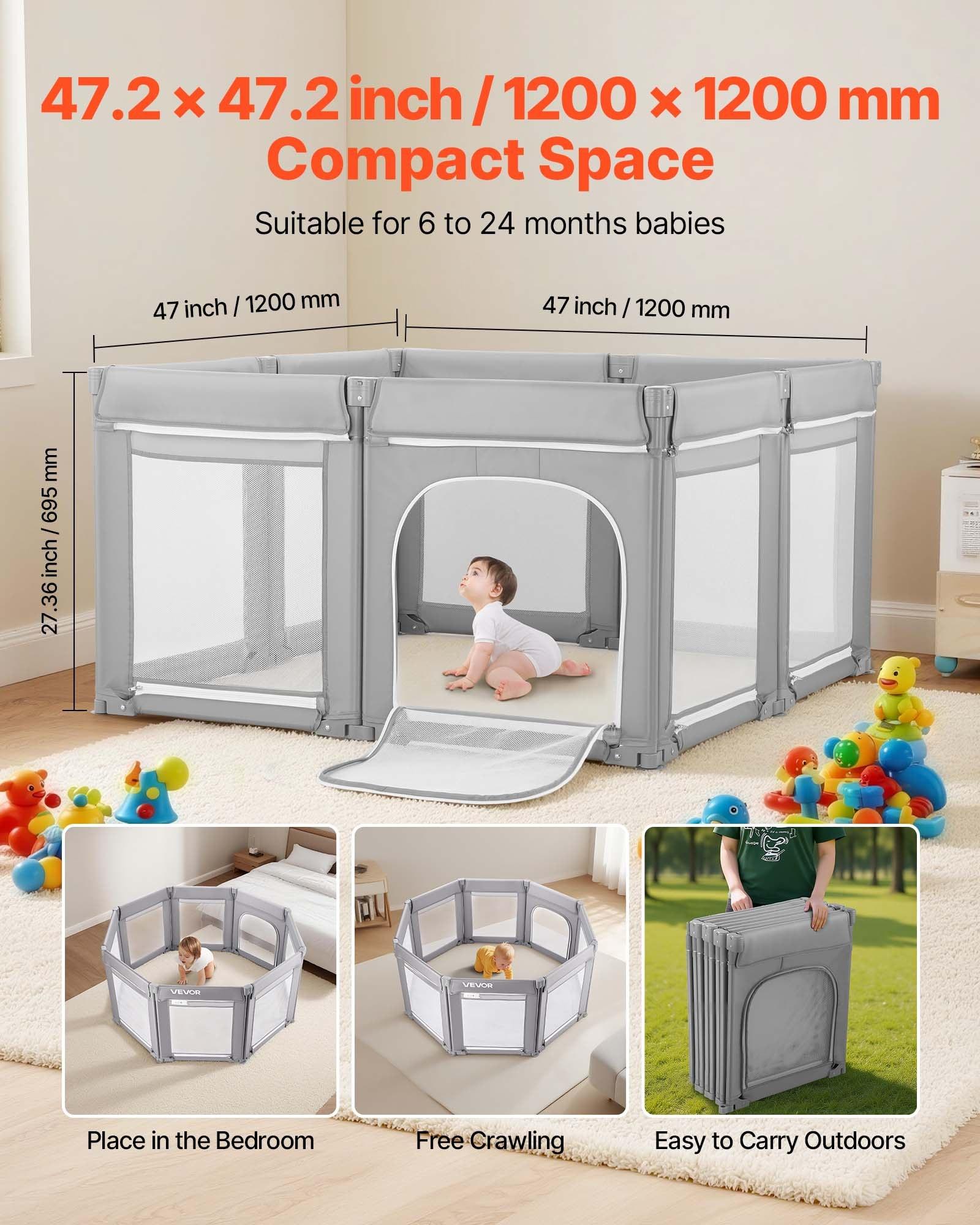 VEVOR Baby Playpen, 47.2″ x 47.2″ Foldable Toddlers Playpen, Indoor/Outdoor Baby Fence Play Yard with Zippered Door & Soft Breathable Mesh, No-Gap Toddlers Activity Center for 6 -24 Months Babies