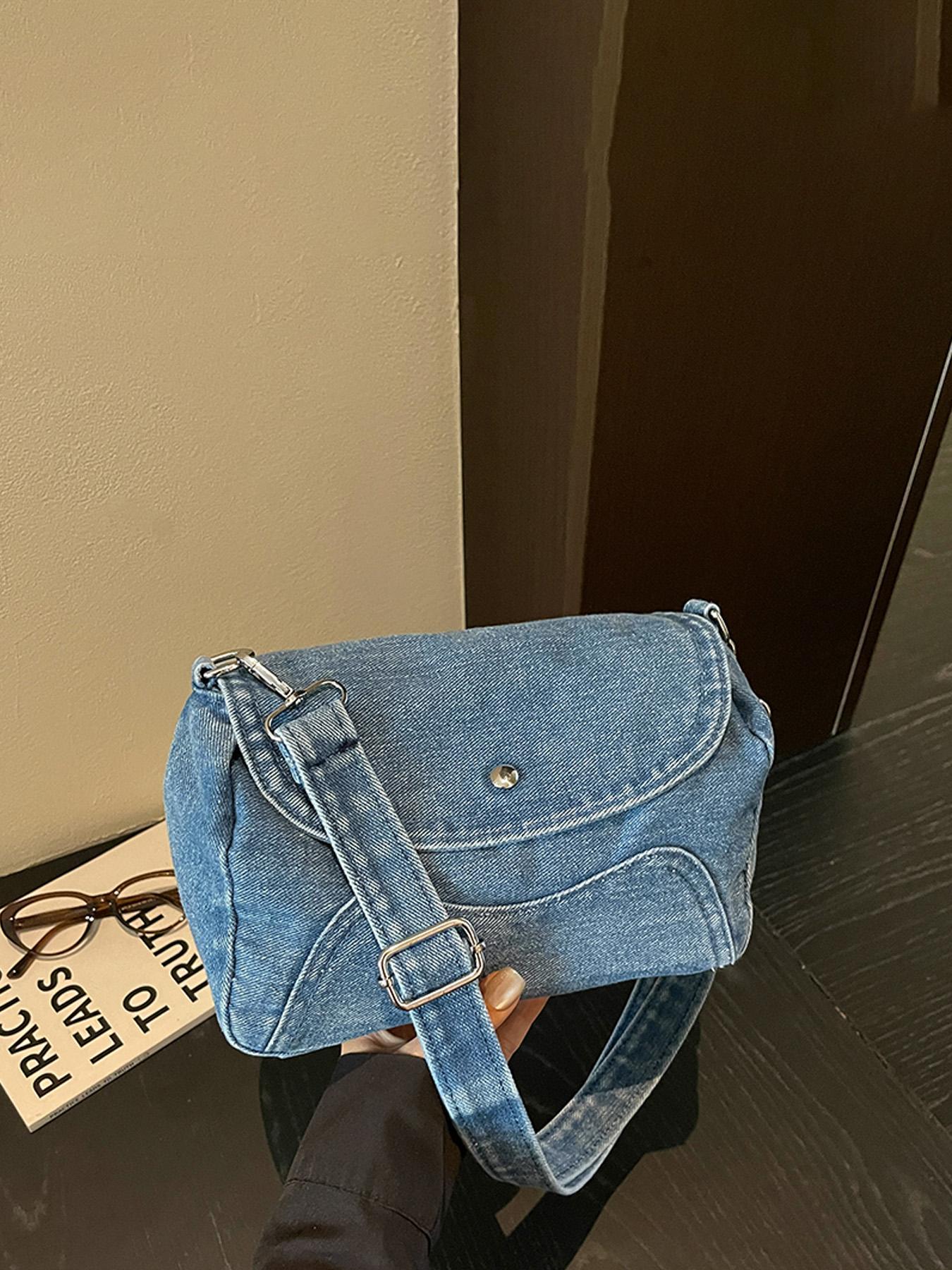 1pc Solid Black Washed Denim Saddle Crossbody Bag, Snap Button Flap Cover Adjustable Wide Shoulder Strap Retro Casual Shoulder Bag For OOTD Shooting, City Shopping, Cafe Hangouts, Weekend Trips, For Y2K Street‑style Fashion Women