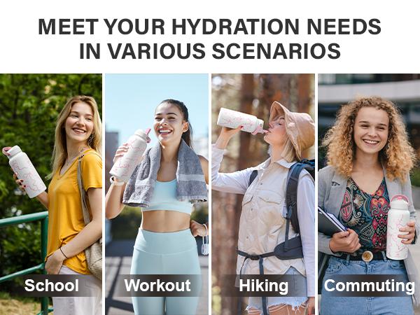 [Bonus keychain] KEWIXY 18oz&32oz Pink Bow Water Bottle, Cute Cherry, Flip Straw Lid, Stainless Steel, Leak Proof, 24-hour Cold, Reusable, Portable for Travel, Gym and School Tumbler Mug Cup