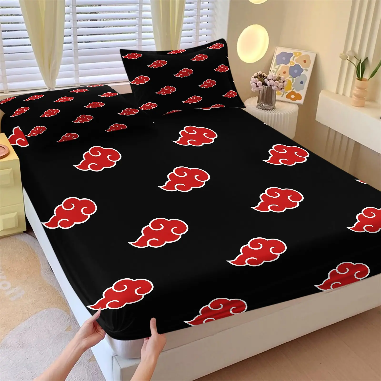 Cool Red Cloud Pattern Fitted Sheet Set, 1 Fitted Sheet & 2 Pillowcase No Filling, Anime Aesthetic Bed Sheets Set, Deep Pocket Design, Soft Bed Cover for Teen Boys & Girls, Dorm & Bedroom Decor