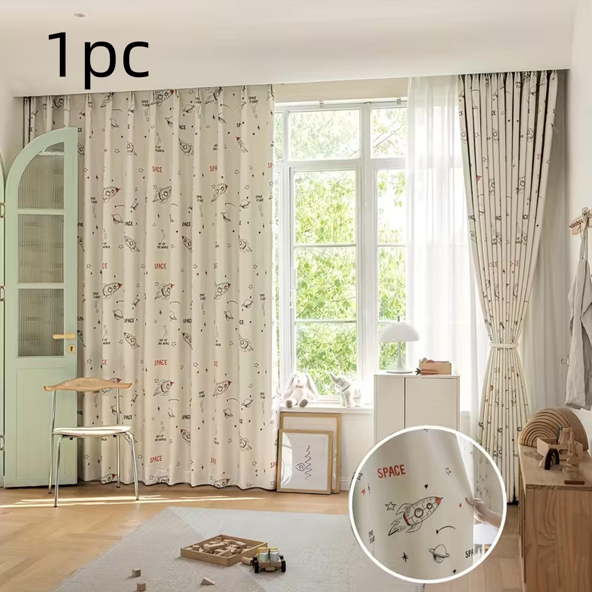 1pc Healing Space Cartoon Kids Curtain, Rocket Star Print, High Light Block, Cozy Atmosphere for Boy's Room Bedroom, Single Piece